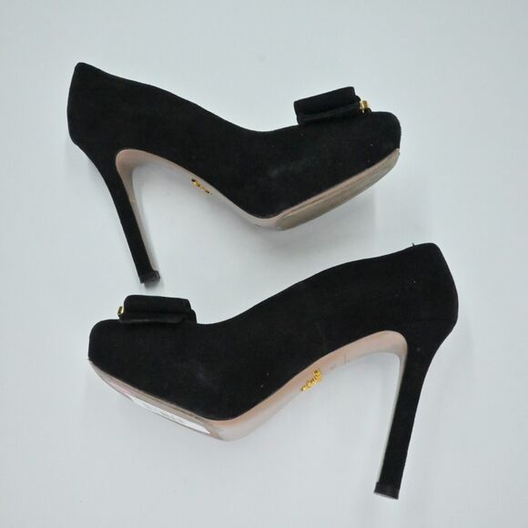 PRADA Heels Womens Size 36 Calzature Black Suede Gold Hardware Bow Milan Square - Picture 8 of 13